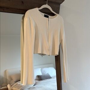 Cream Ribbed Zip-Up Cardigan